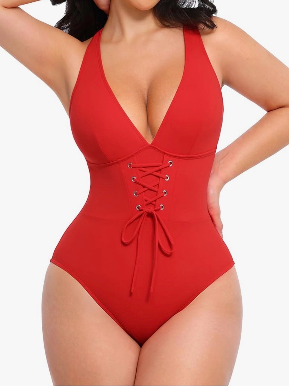 Shapellx Red Lace-Up Corset One-Piece Swimsuit - Women